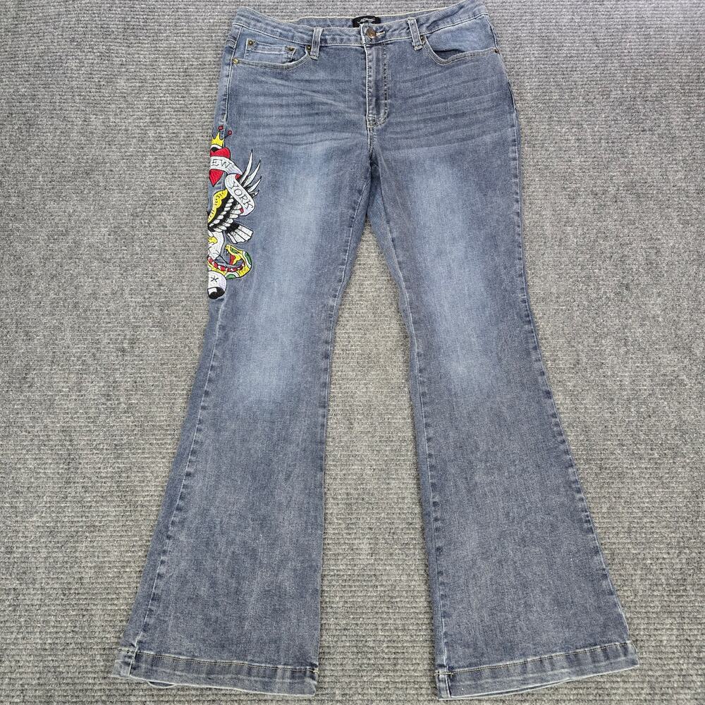 Ed Hardy Skull Eagle Embroidered Flare Jeans Womens 32 Y2K Style Vintage Wash